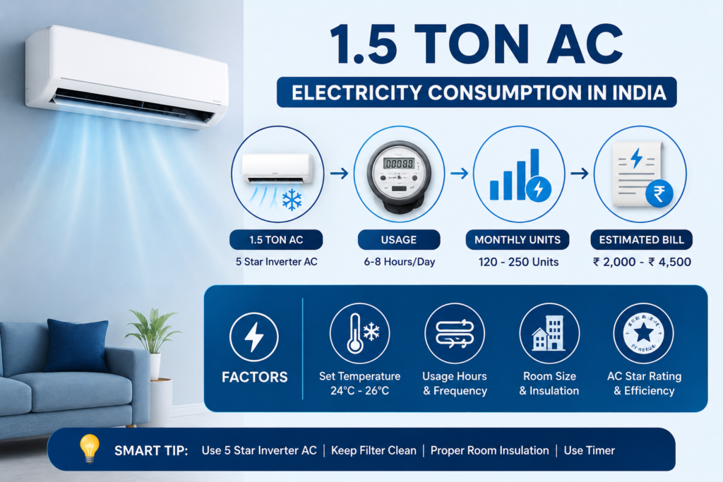 monthly 1.5 ton AC electricity consumption example in India