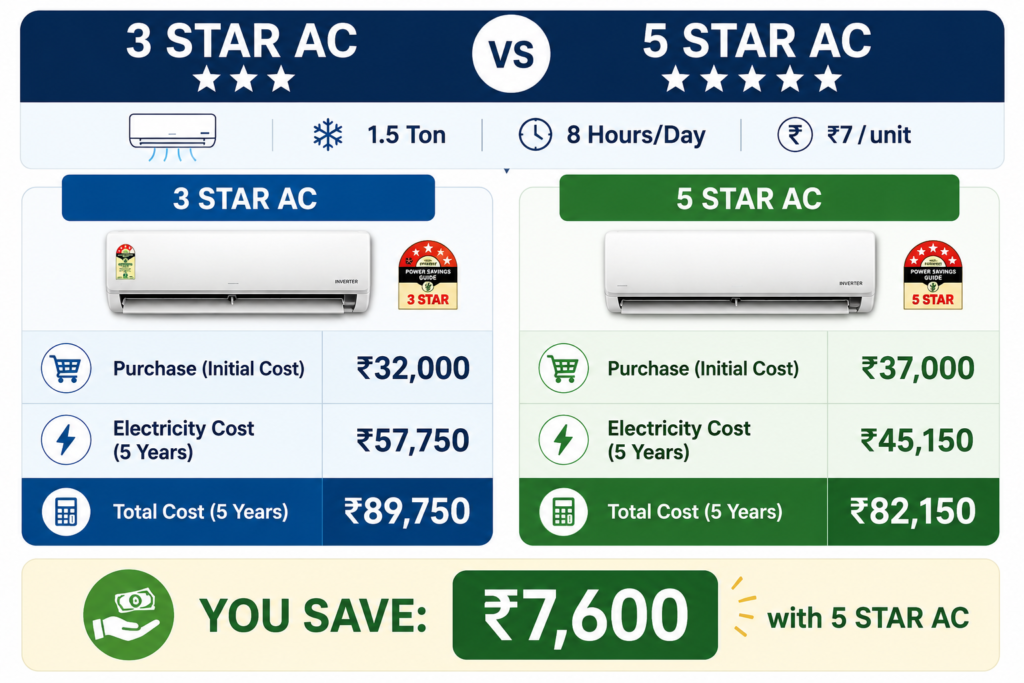 3 star vs 5 star AC 5 year total cost comparison chart showing 5 star saves ₹7,600 for 1.5 ton AC in India