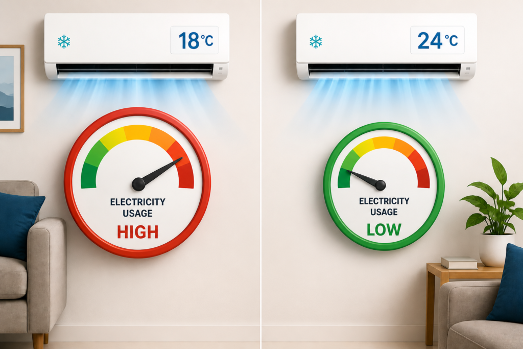 AC temperature 18 vs 24 electricity consumption India comparison