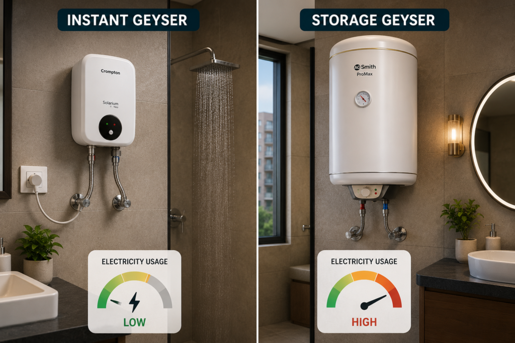 How much electricity does a geyser use per month in India for instant and storage geysers