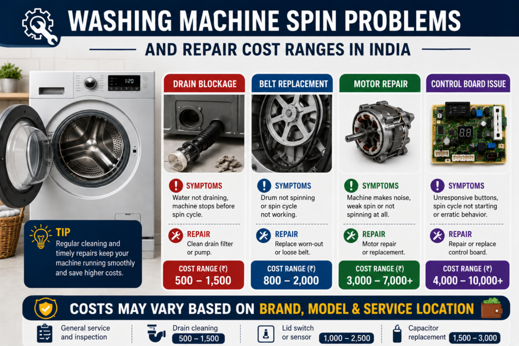 washing machine repair cost estimates for spin problems in India