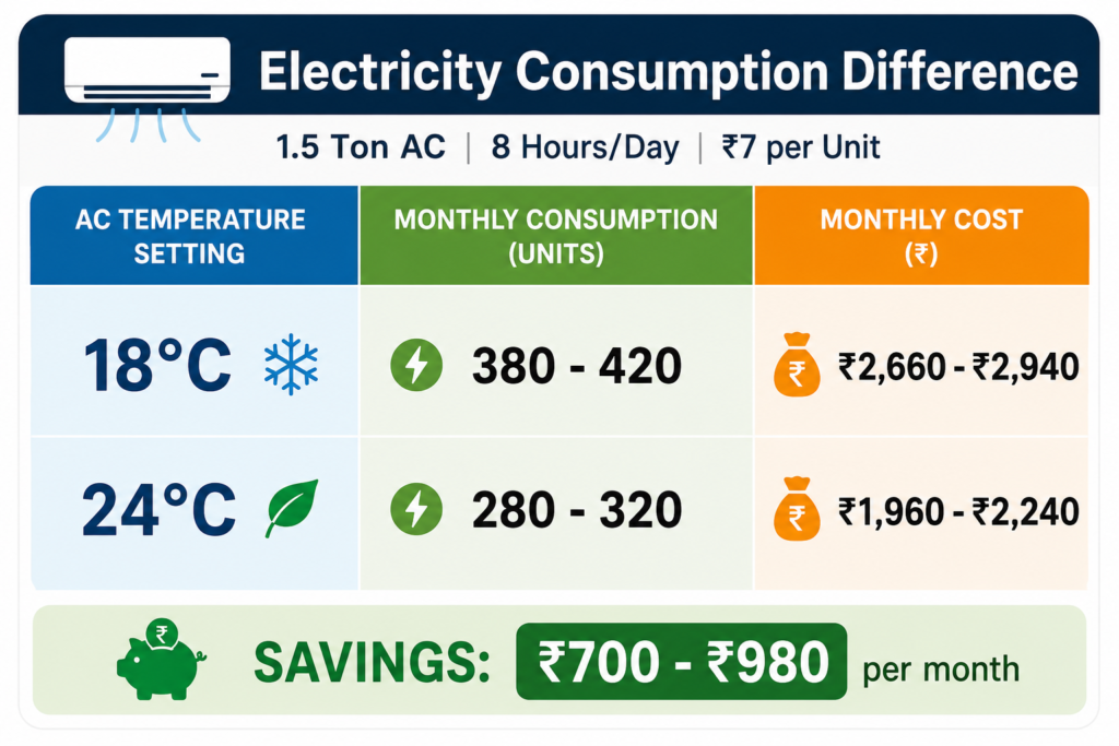 AC temperature setting comparison 24°C vs 18°C electricity consumption and monthly cost savings for 1.5 ton AC in India