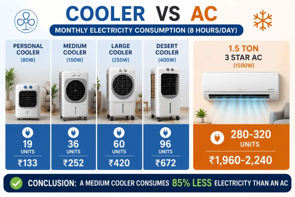 Cooler electricity consumption per month comparison chart showing personal medium large desert cooler units vs 1.5 ton AC with 85 percent savings