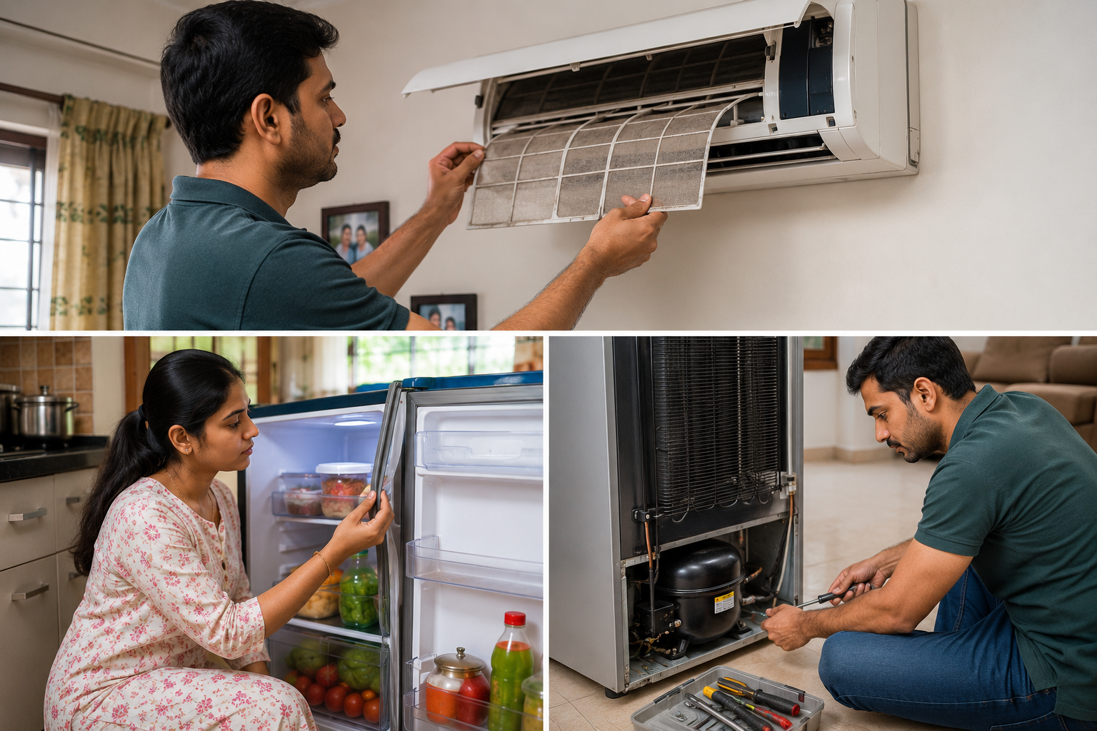 Home appliance maintenance checklist India showing monthly and yearly tasks for AC refrigerator washing machine geyser and electrical safety