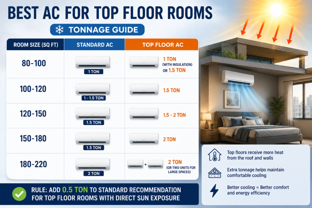 Best AC for top floor rooms India tonnage chart showing room sizes and recommended AC capacity for top floor conditions