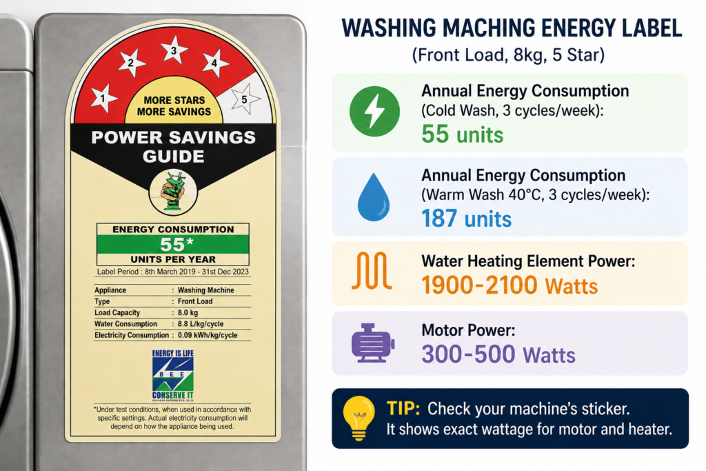 Sample washing machine energy label showing annual consumption for cold wash 55 units and warm wash 187 units for front load 8kg machine